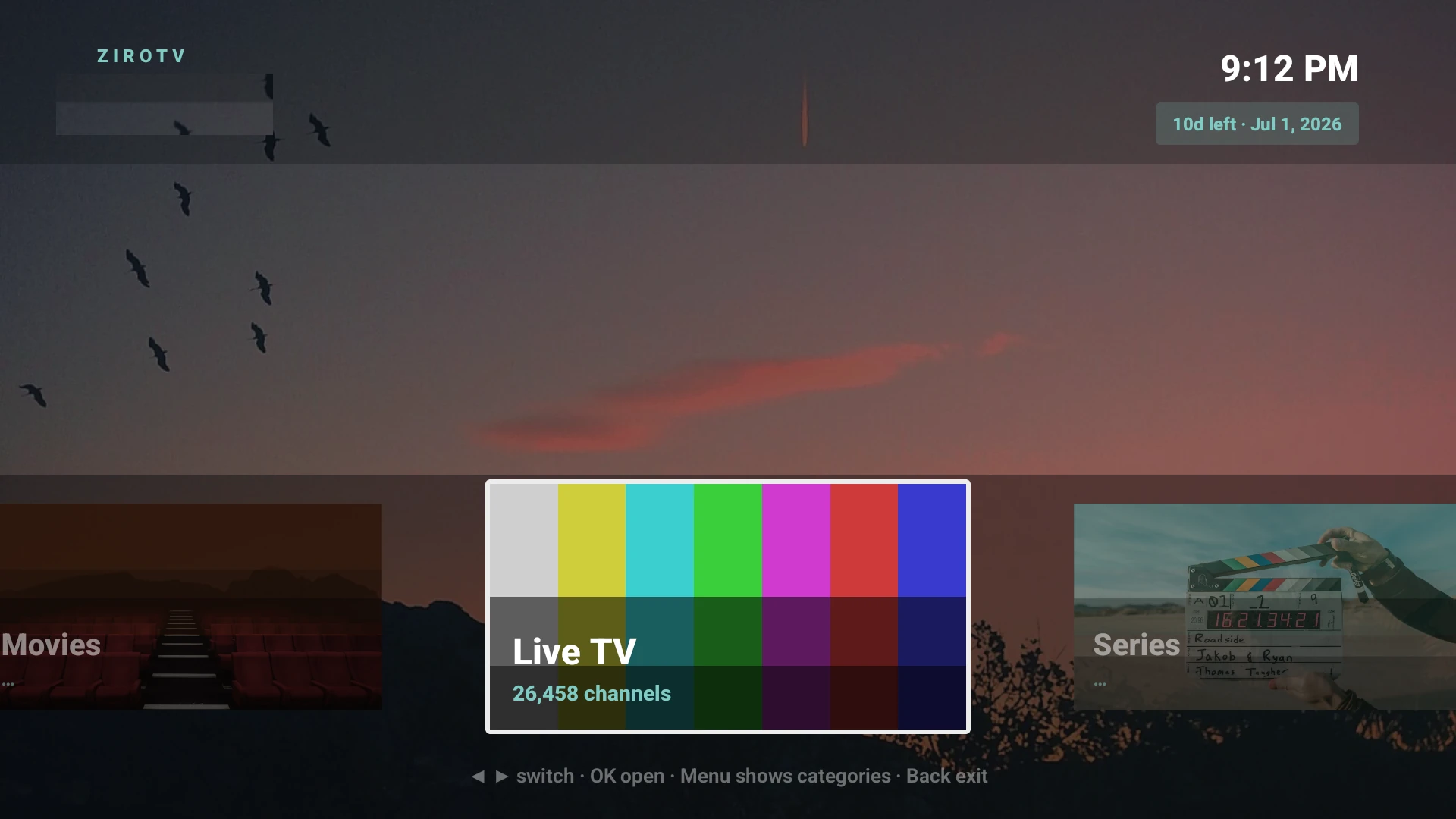 ZiroTV on a television, lights low: a cinematic home with Live TV, Movies and Series rails